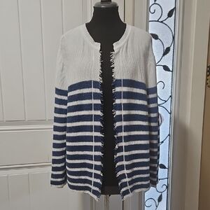 Parkhurst Cotton Country Blue White Stripe Fringed Cardigan XL
